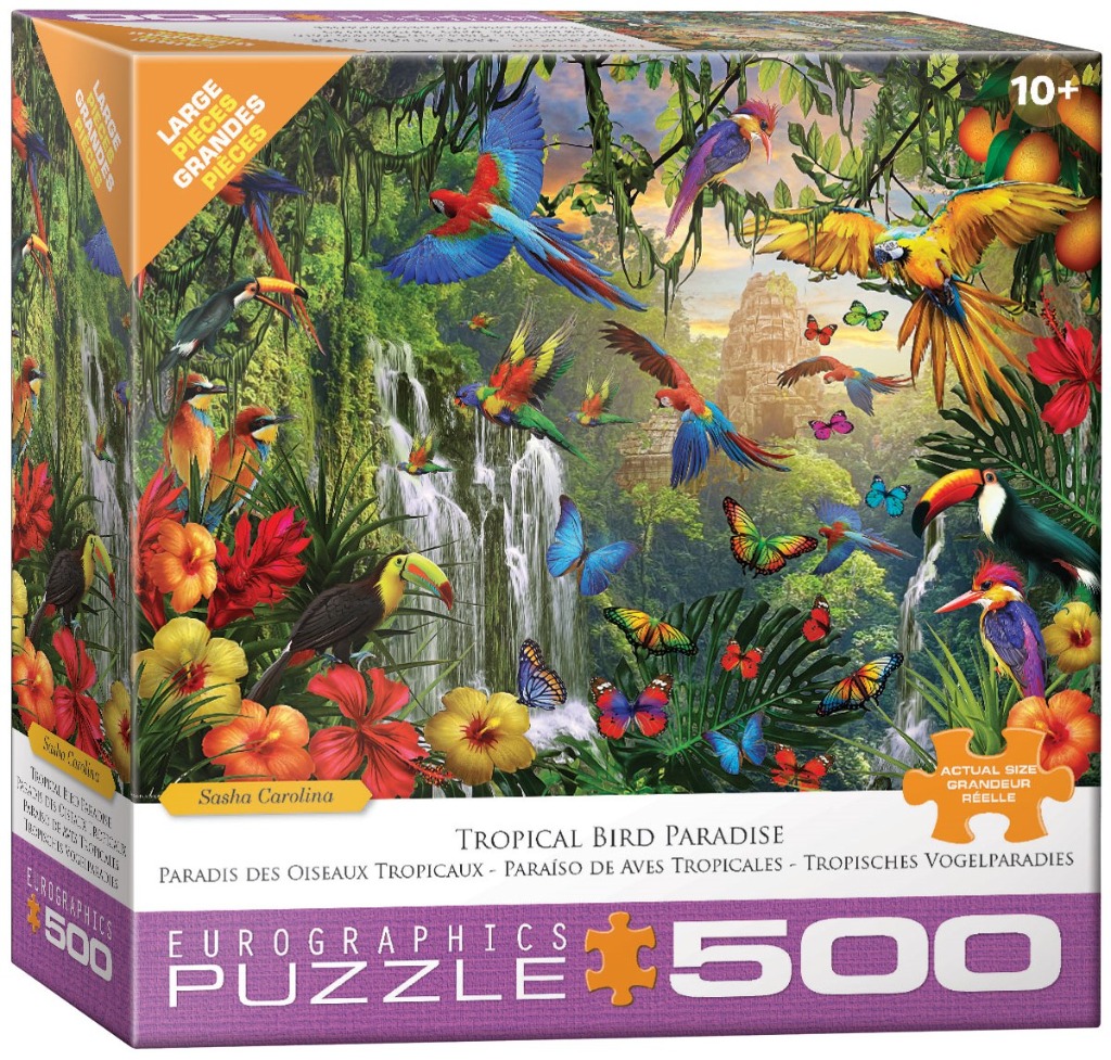 A lush tropical jungle scene filled with colorful parrots, toucans, and butterflies surrounding a central waterfall.