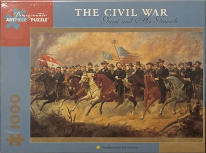 Oil painting of Ulysses S. Grant and his Union generals on horseback against a battlefield backdrop.