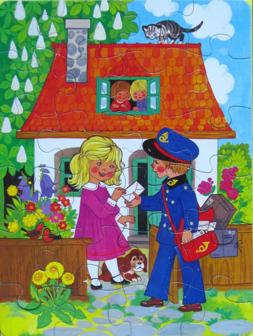 A mail carrier delivers a letter to a young girl in front of a quaint cottage.