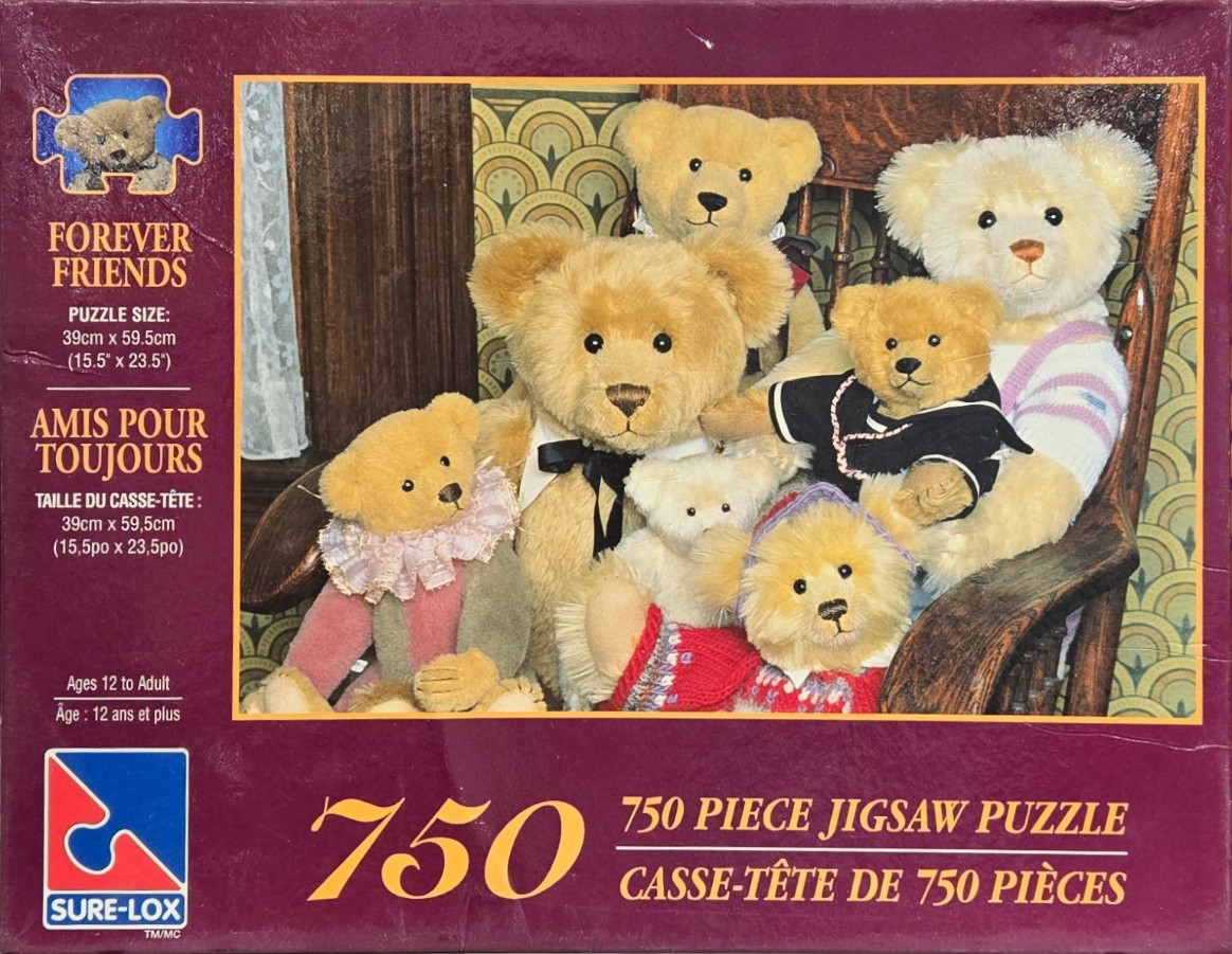 Six teddy bears in various outfits gathered on an old wooden chair against patterned wallpaper.