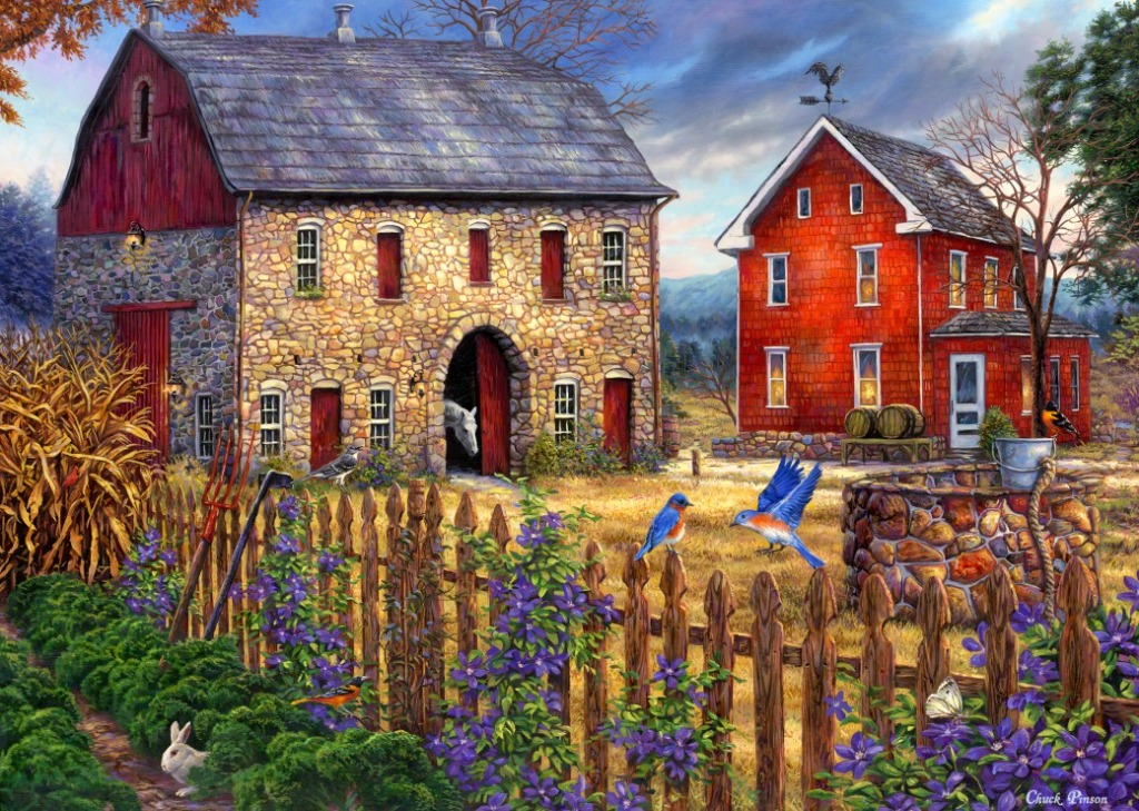 A stone barn and a red house surrounded by garden flowers, birds, and wildlife in a pastoral setting.