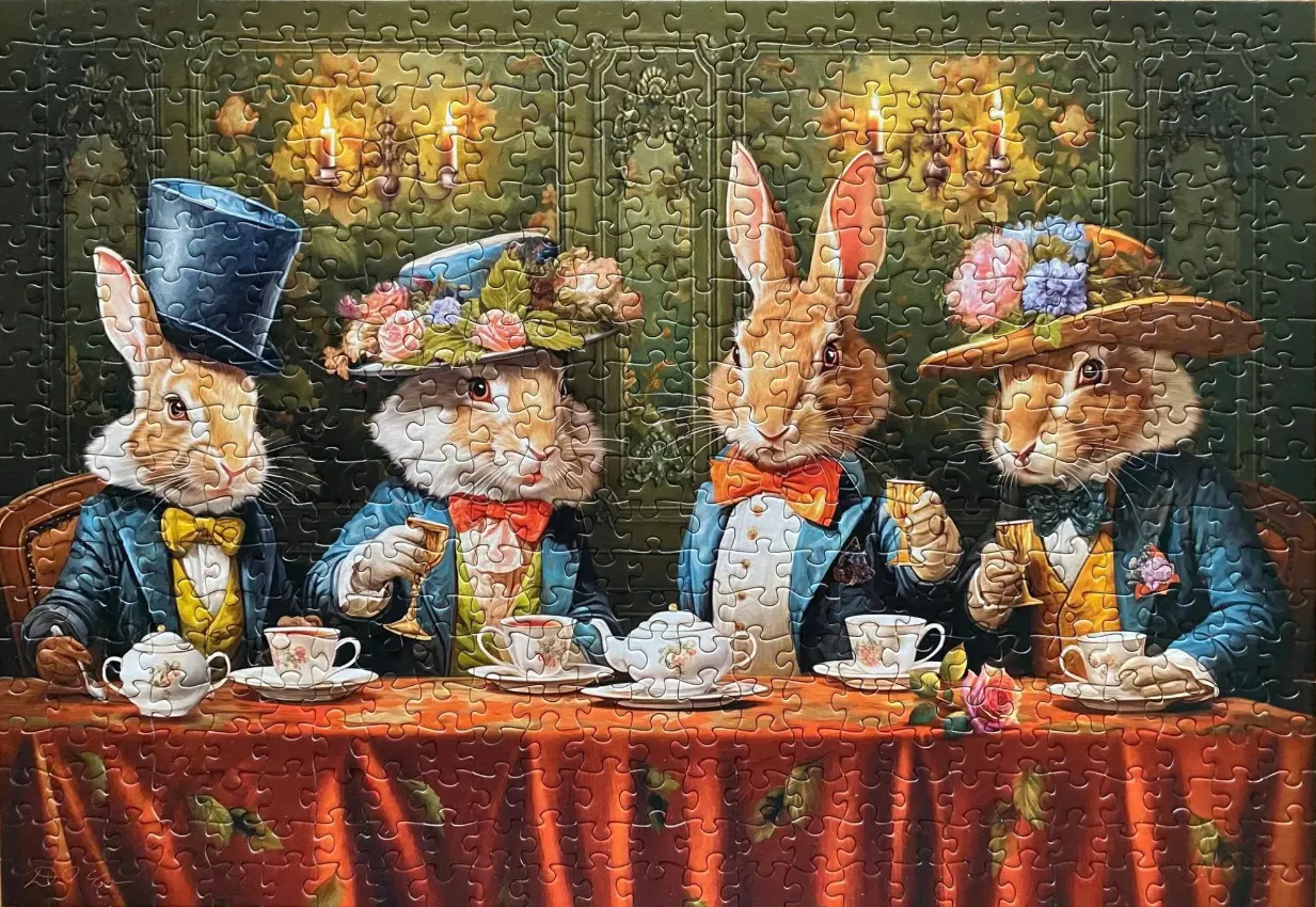Four anthropomorphic rabbits in Victorian finery having a formal tea party.
