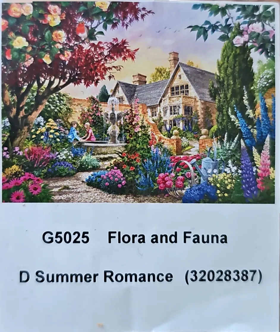 A romantic garden scene featuring a stone house, a fountain, and two people sitting by a flower-filled path.