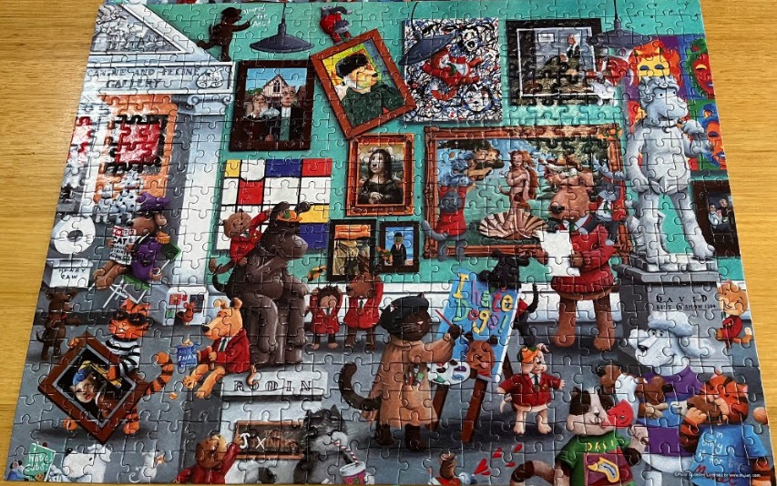 An art gallery filled with various cartoon dogs and cats examining famous paintings and sculptures.