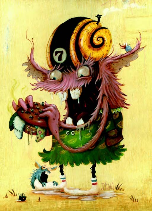 Whimsical illustration of a multi-eyed creature eating a burger filled with socks