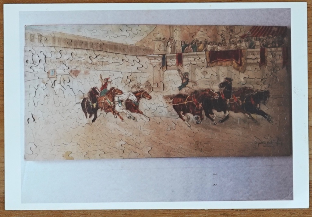 Classical painting of two horse-drawn chariots racing in an ancient Roman arena before an audience.