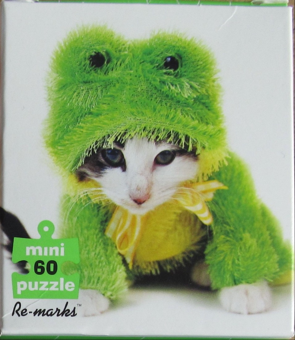 A close-up photograph of a small white kitten wearing a fuzzy green frog costume with a yellow ribbon.