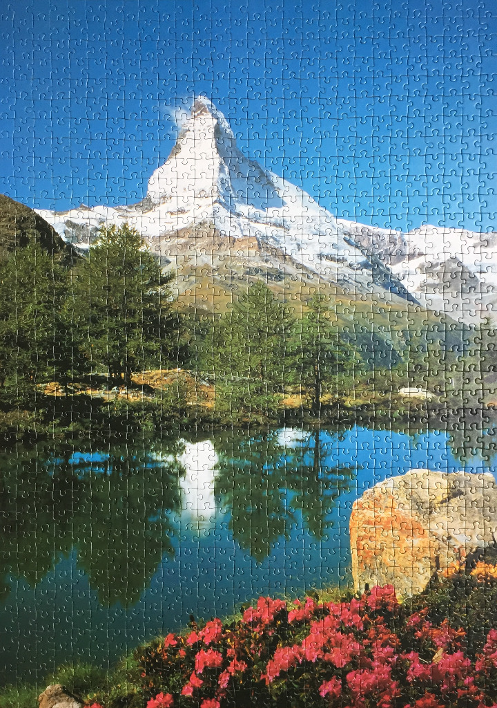 The Matterhorn mountain reflecting in a calm lake with pink flowers in the foreground.