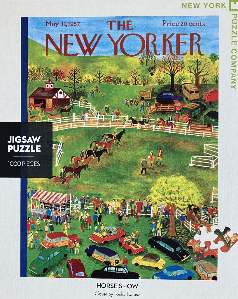 An illustration of a bustling countryside horse show with riders, spectators, and cars on a grassy field.