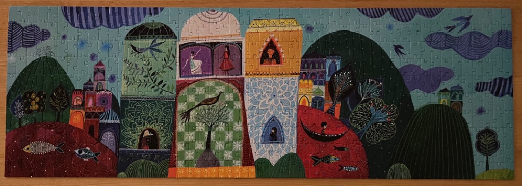 Whimsical illustration of a landscape with stylized towers, rolling hills, and figures in a flat, folk-art style.