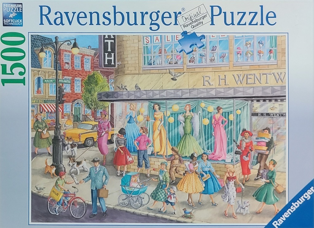 A detailed 1950s street scene illustration showing a fashion boutique storefront with shoppers and a yellow taxi.