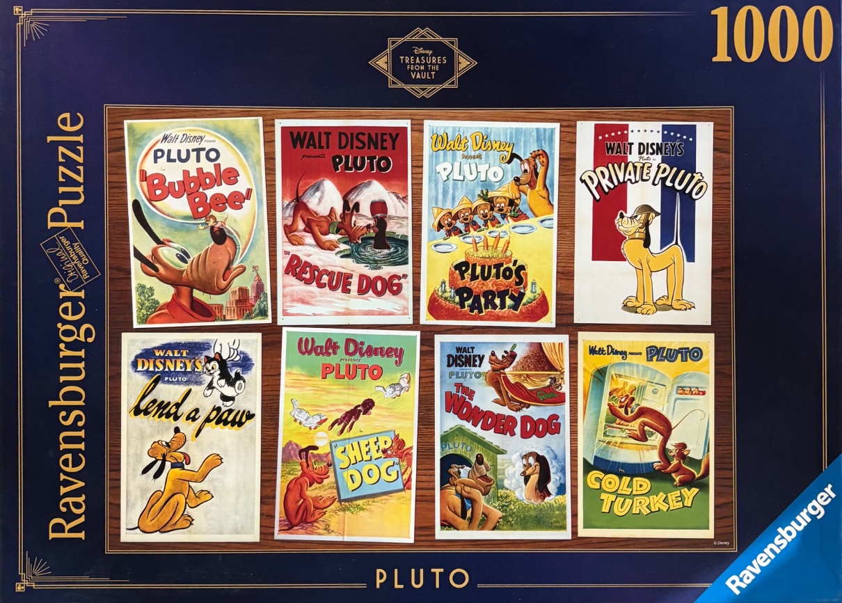 A collage of eight vintage Walt Disney Pluto cartoon posters arranged on a wood-grain background.