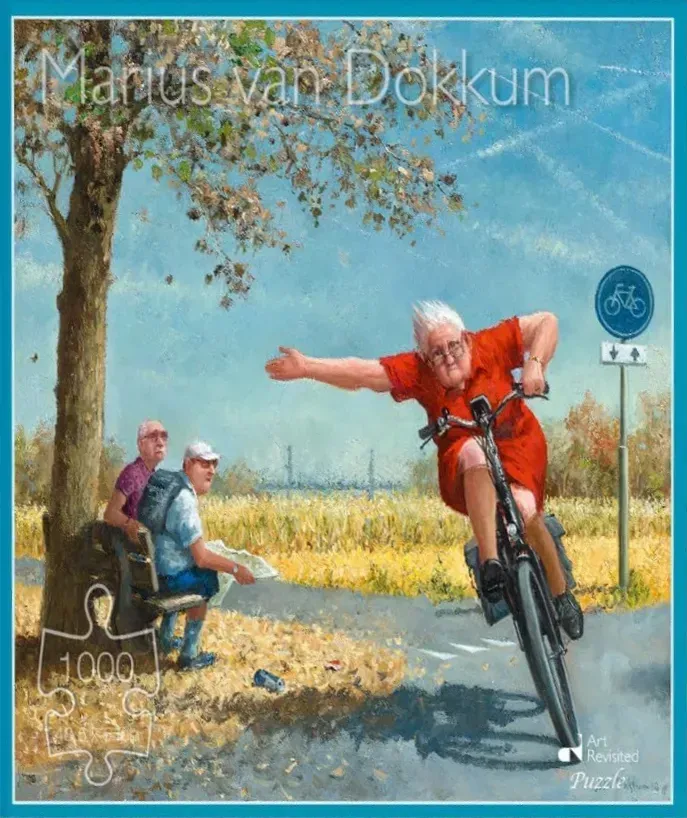 An elderly woman in a bright red dress careening on a bicycle toward the viewer.