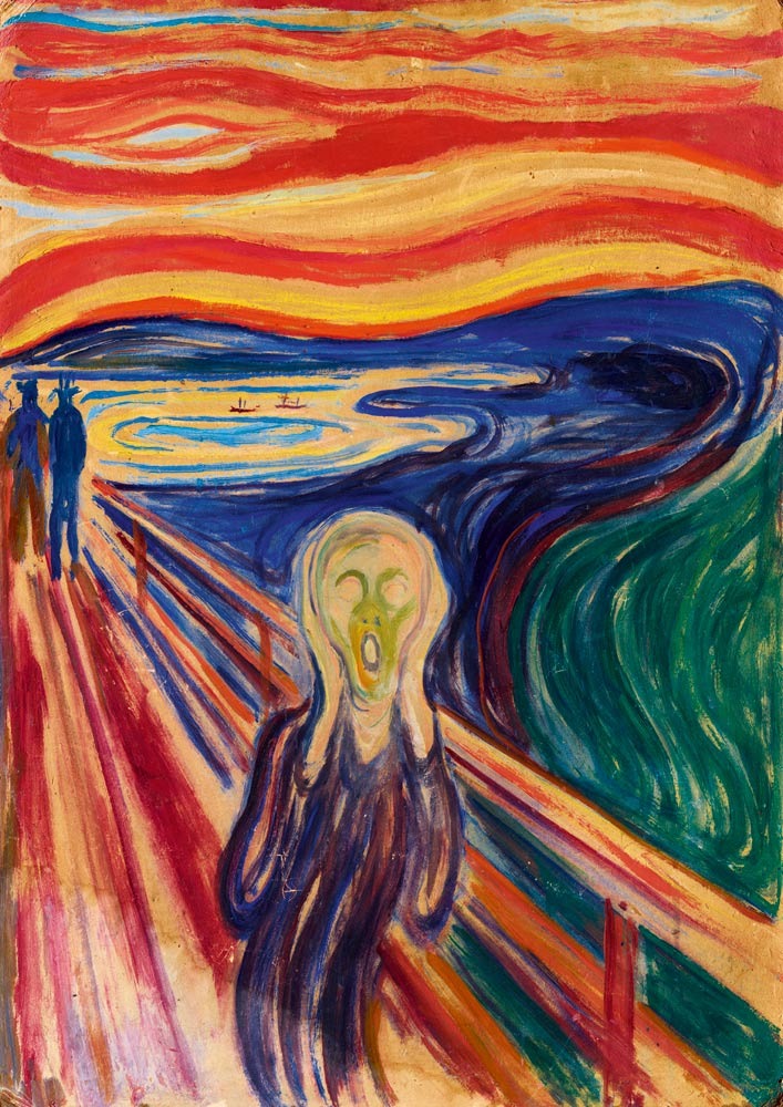 A central figure with a panicked expression clutches their face on a bridge against a swirling, blood-red sky.
