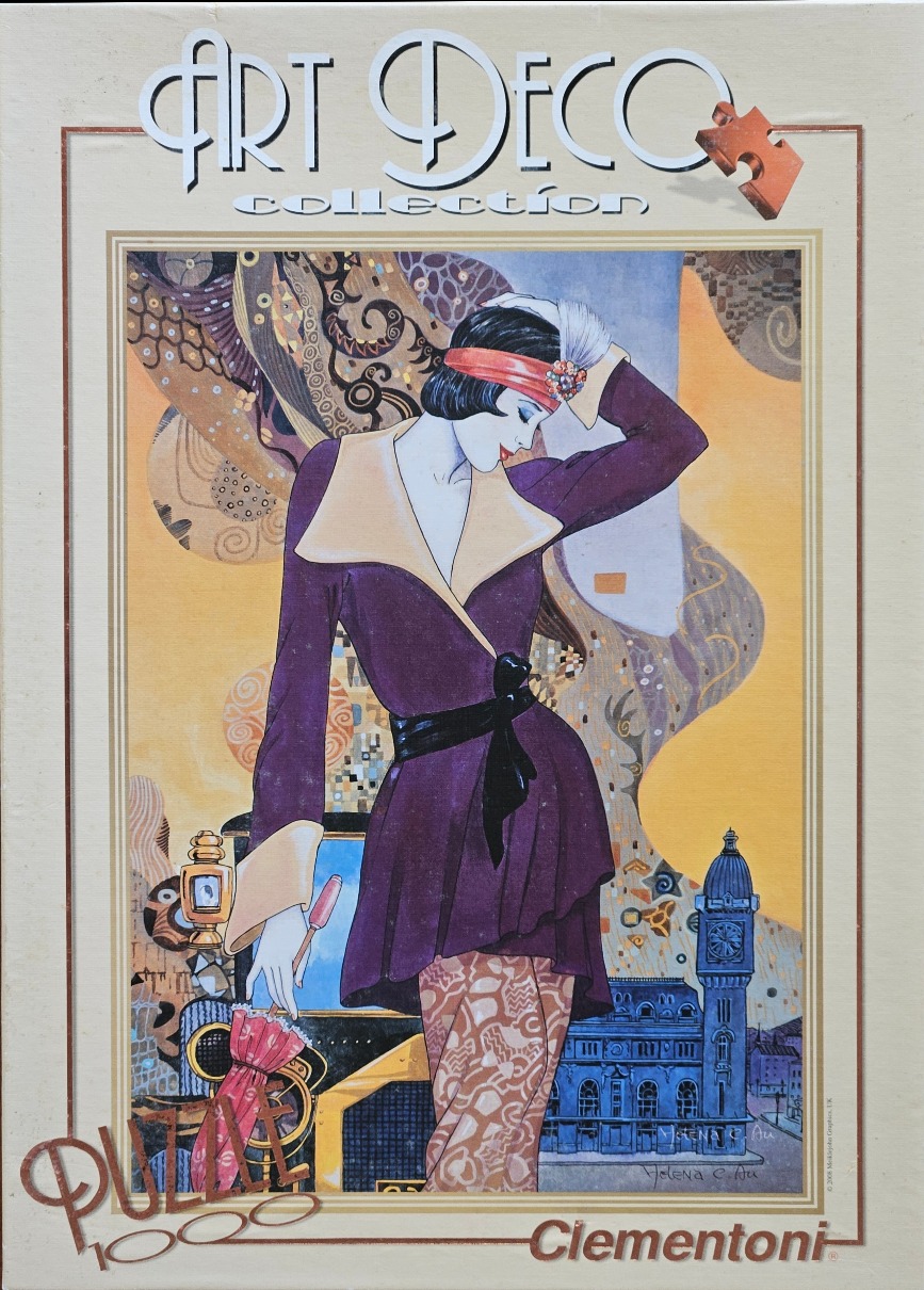Art Deco style illustration of a woman in a purple coat, with stylized patterns and a clock tower in the background.