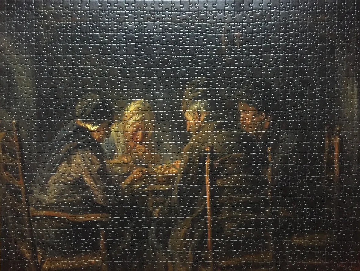 A dark, moody oil painting of four peasants eating a simple meal around a wooden table.