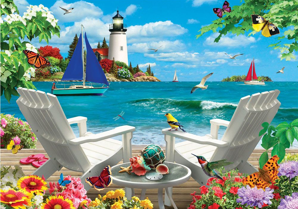 Two white chairs on a deck overlooking a coastal scene with a lighthouse, sailboats, and flowers.