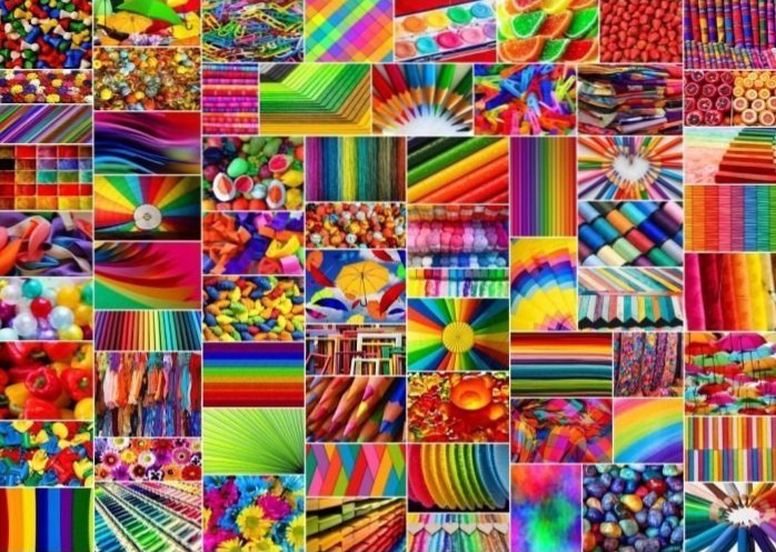 A collage of diverse objects arranged by rainbow colors in individual rectangular frames.