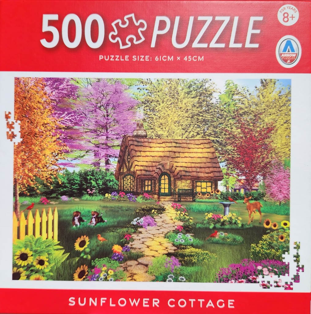 A cozy thatched-roof cottage nestled in a vibrant, multi-colored garden with a stone path and visiting wildlife.