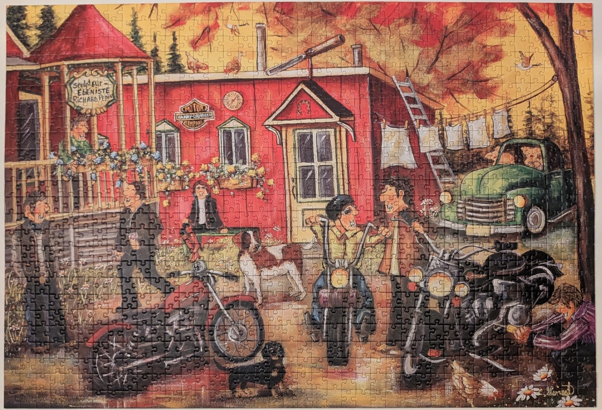 A whimsical illustration of men socializing outside a red workshop with motorcycles and dogs in an autumnal setting.