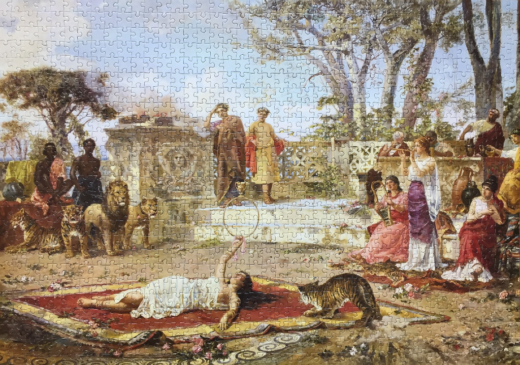 A classical oil painting scene featuring a circus-like performance with animals and Roman-styled figures in a garden.