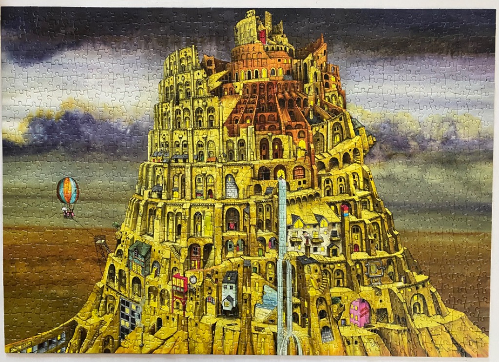 Illustration of a multi-tiered, golden fantasy tower inspired by the Tower of Babel under a stormy sky.