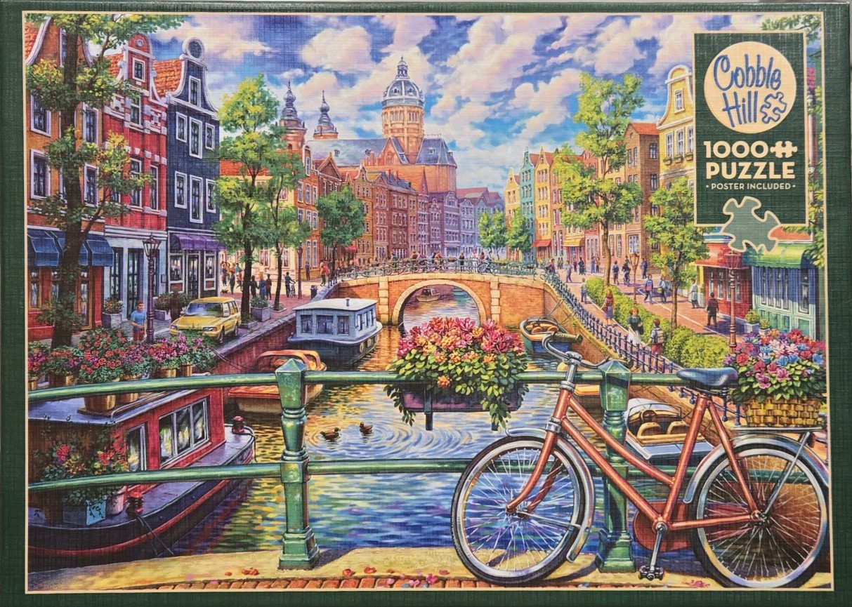 A painterly scene of an Amsterdam-style canal with a bicycle on a bridge in the foreground.