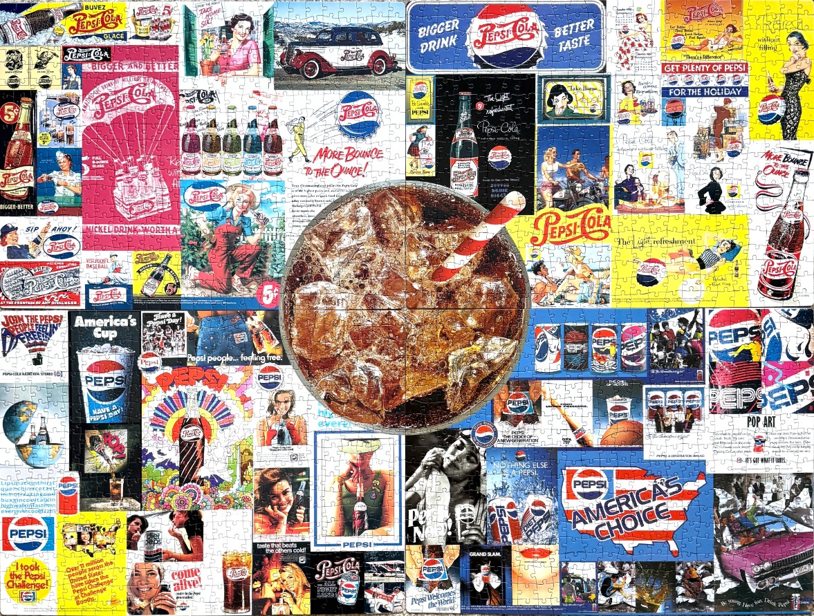 A collage of vintage soda advertisements featuring a large central glass filled with ice and cola.