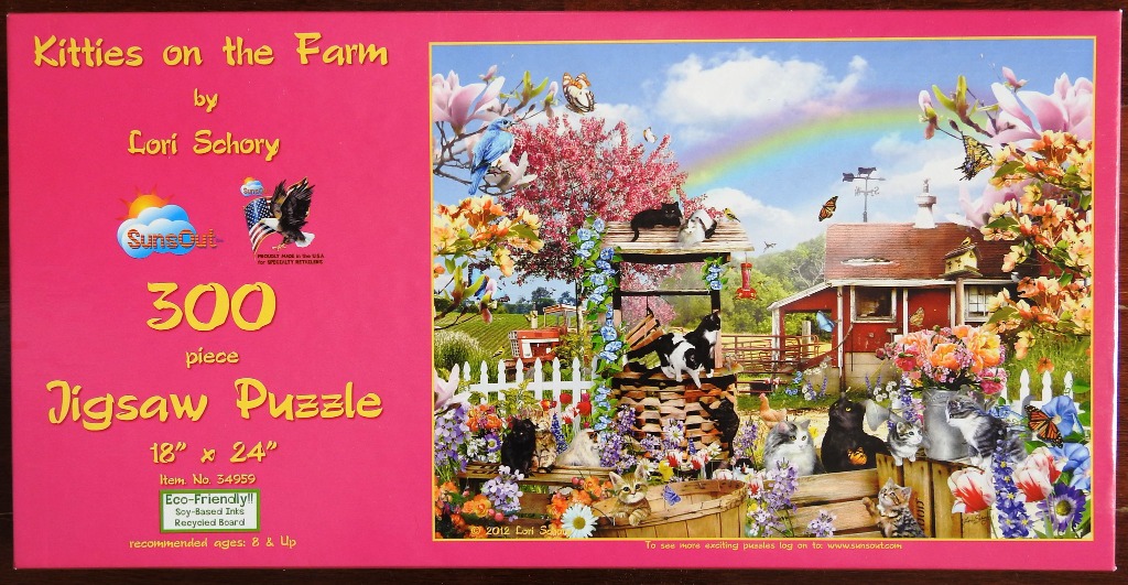 A whimsical countryside scene featuring numerous kittens playing around a rustic wooden well near a red barn.