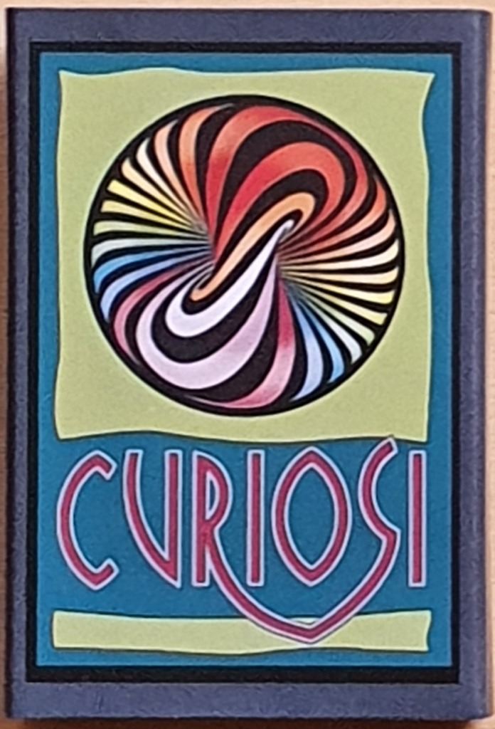 Abstract graphic design featuring a colorful, swirling circular vortex above the stylized word CURIOSI.