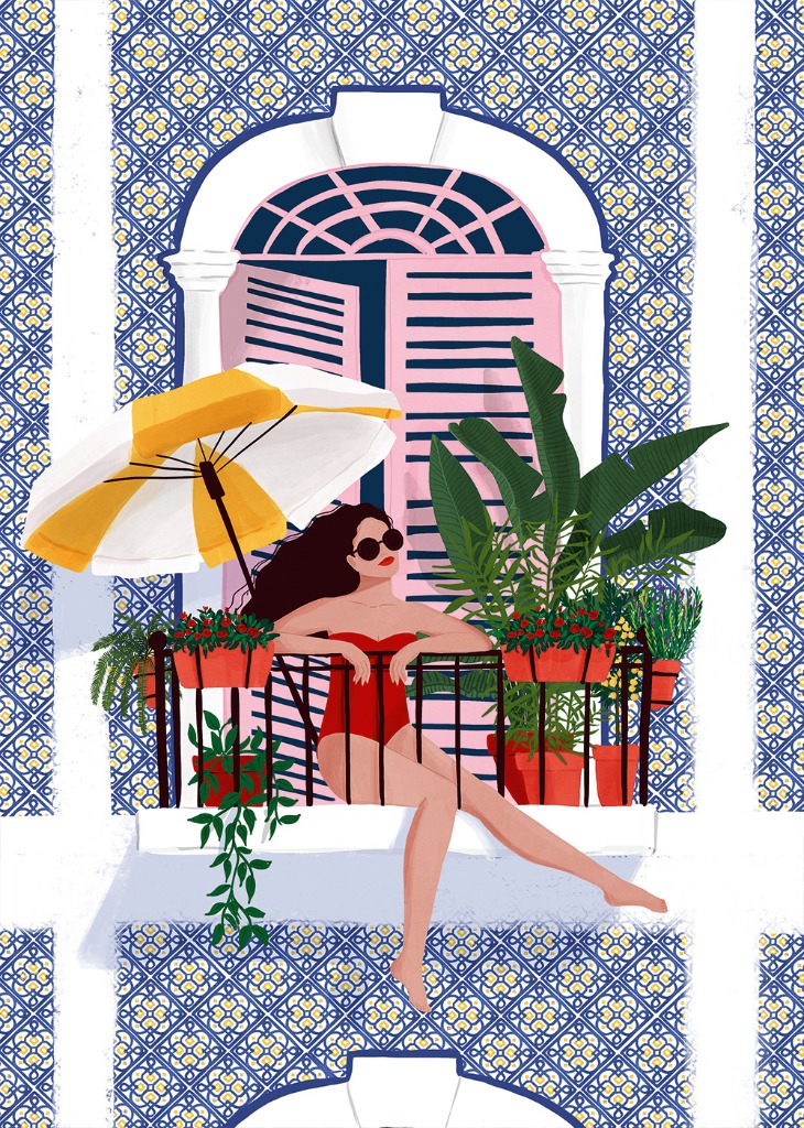 A woman in a red swimsuit sits on a balcony adorned with plants, set against a blue and white patterned tile wall.
