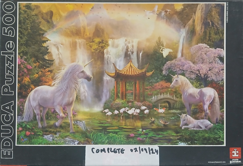 Fantasy landscape with unicorns, a pagoda, a waterfall, and a pond filled with water lilies and flamingos.