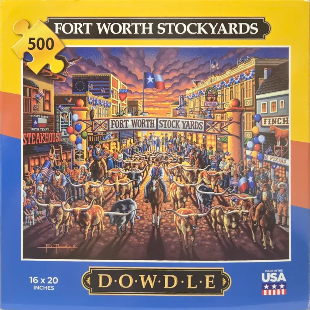 A folk-art style painting of a longhorn cattle drive through the Fort Worth Stockyards under a sunset sky.