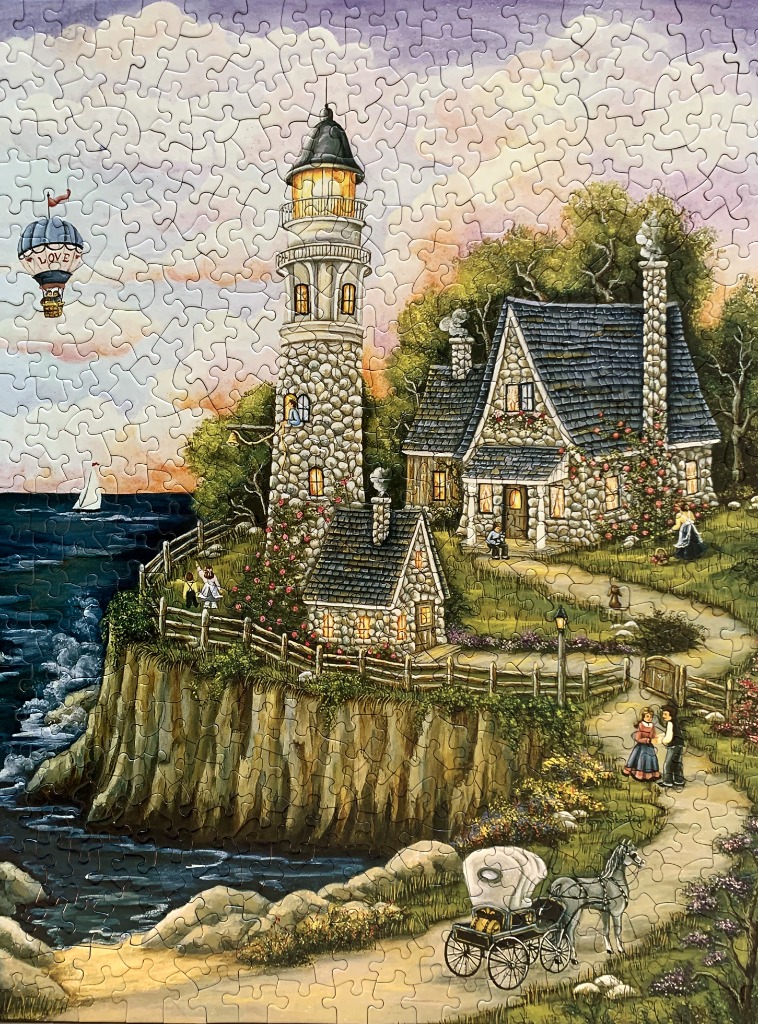 Illustration of a stone lighthouse and cottage on a cliffside with a horse-drawn carriage on a path.