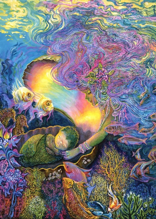 An ethereal underwater scene featuring a mermaid watching over a sleeping infant inside a giant seashell.