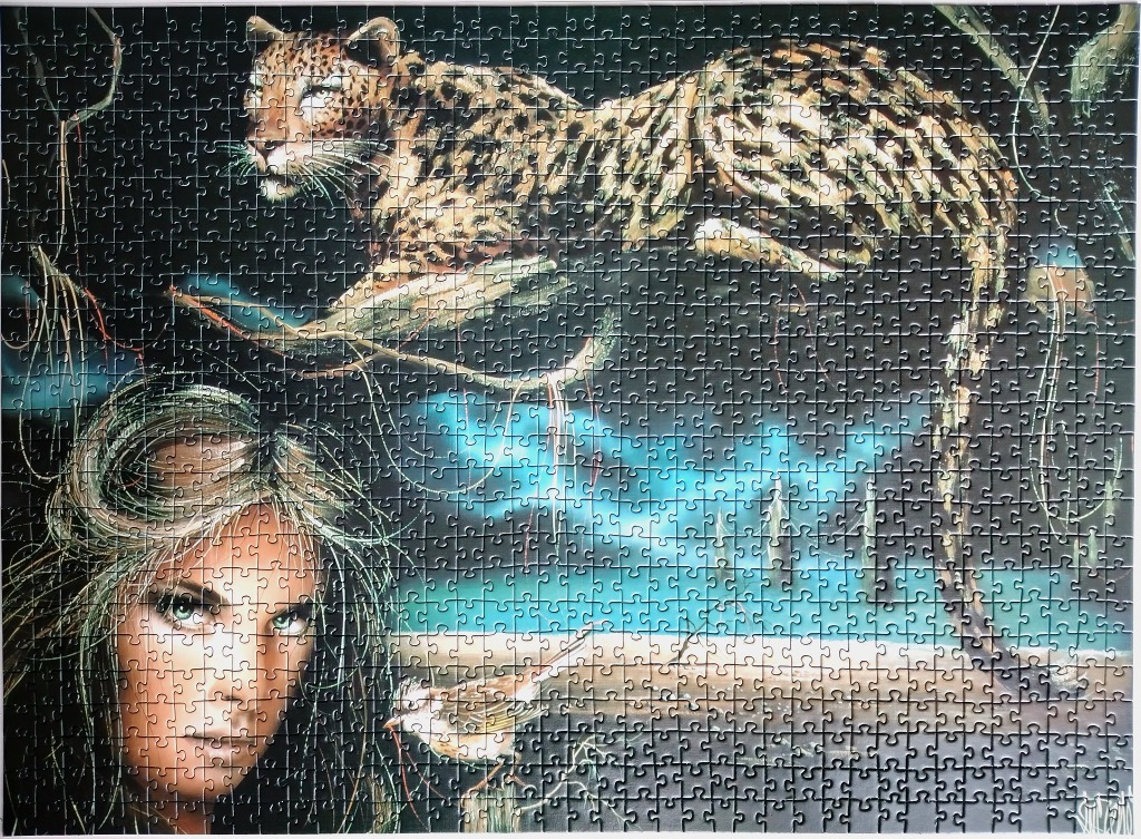 A surreal fantasy illustration featuring a woman's face in the foreground and a leopard resting on a branch above.