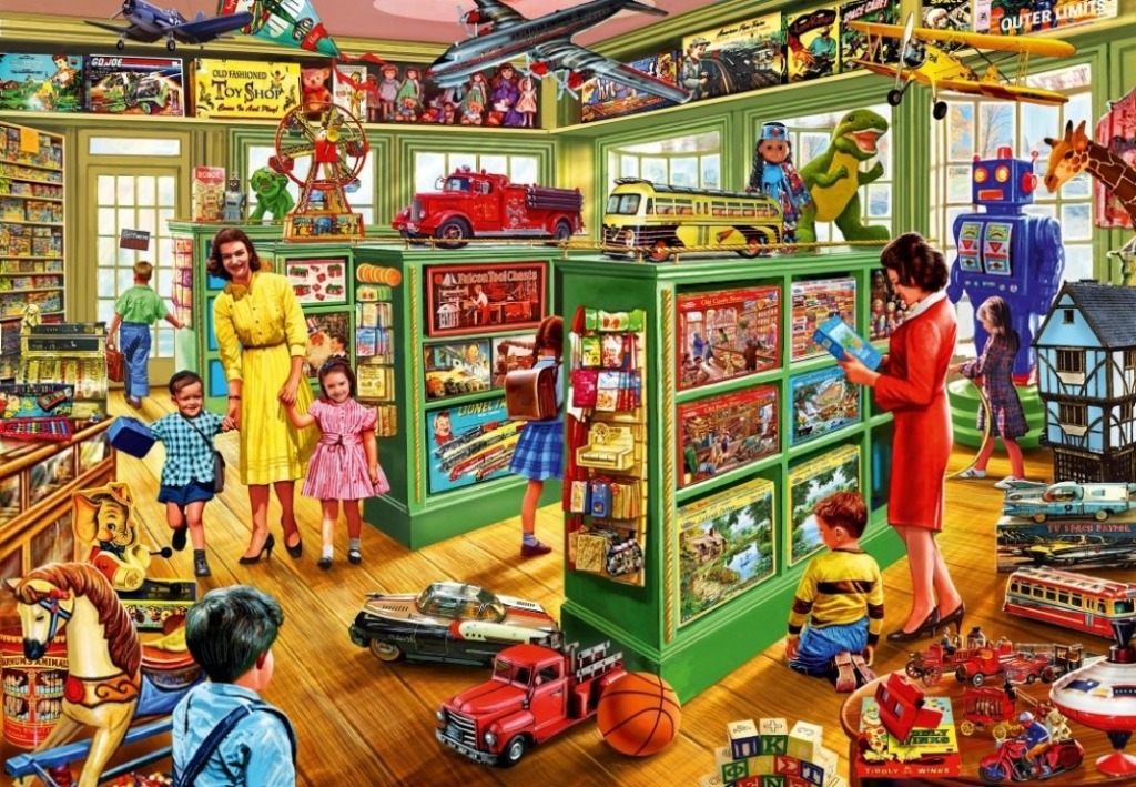 Nostalgic toy store interior with children and parents browsing shelves filled with vintage toys.