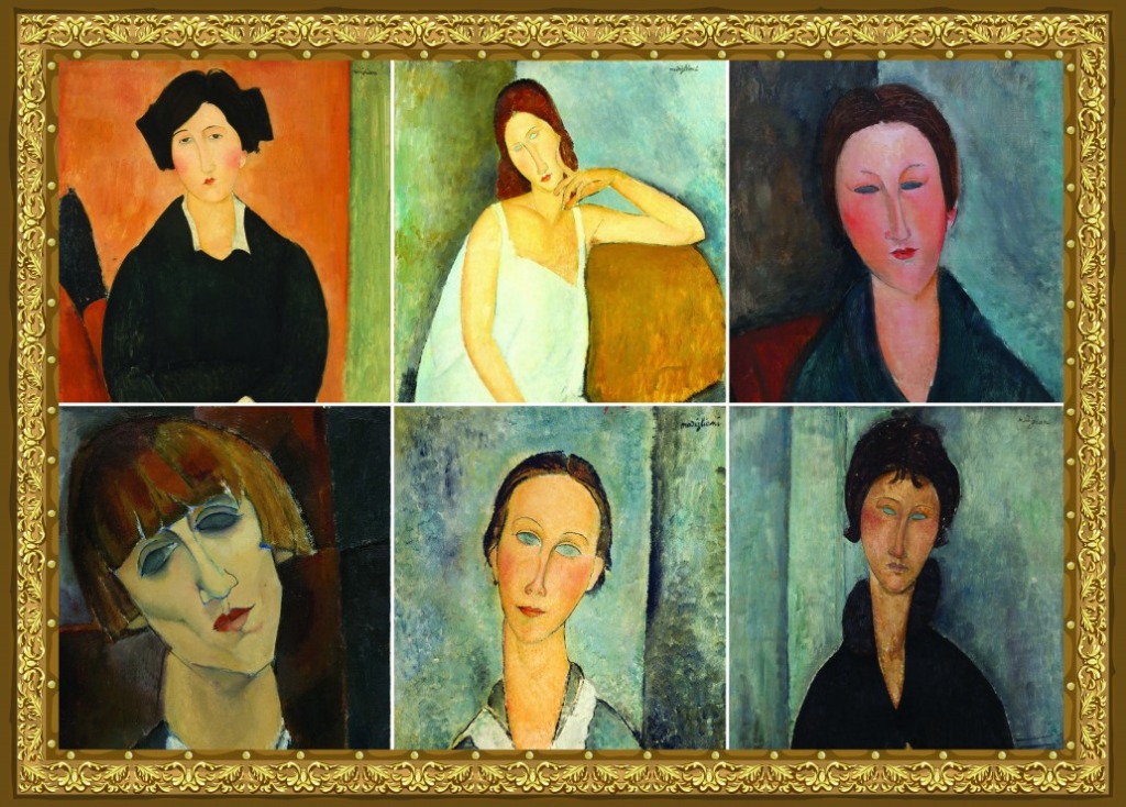 A collage of six stylized female portraits in the distinctive elongated style of Amedeo Modigliani.
