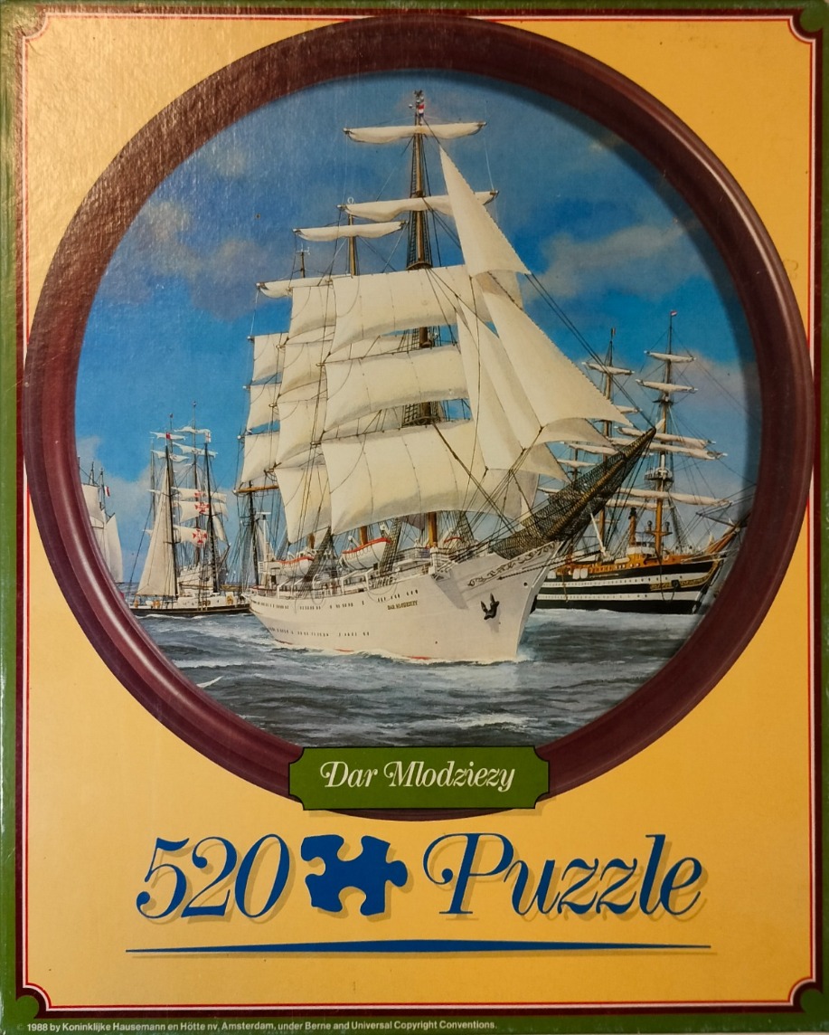 Painting of the Dar Mlodziezy sailing ship with other tall ships in the background against a blue sky.