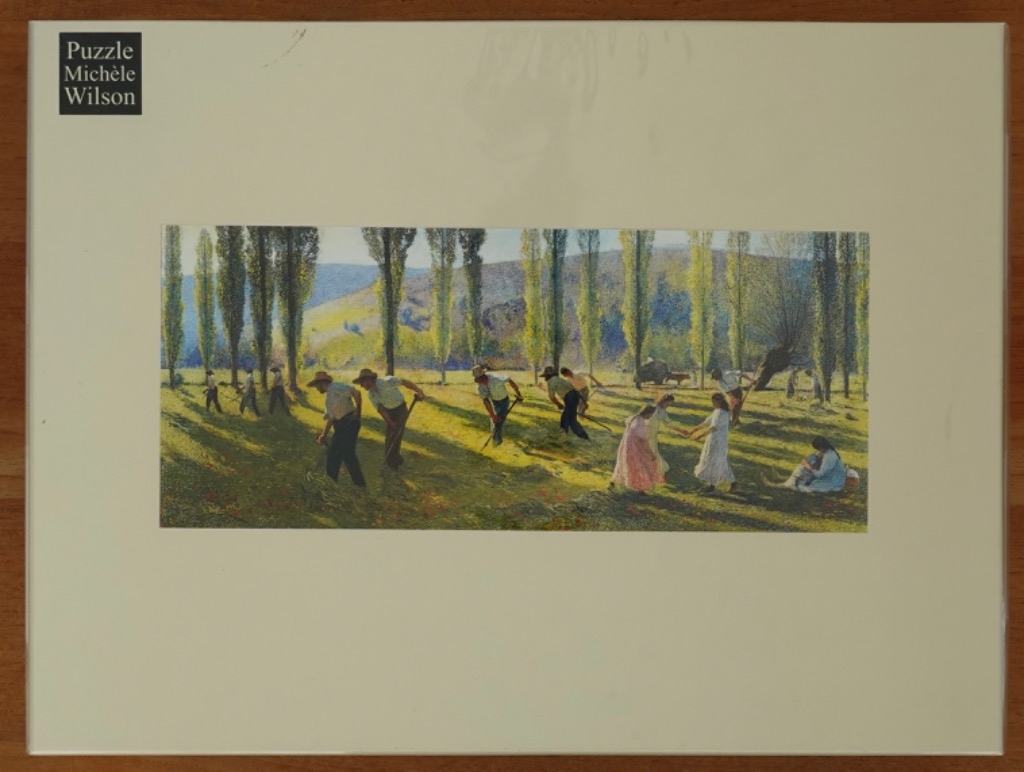 Impressionistic landscape painting of farm workers in a hay field lined with tall poplar trees.