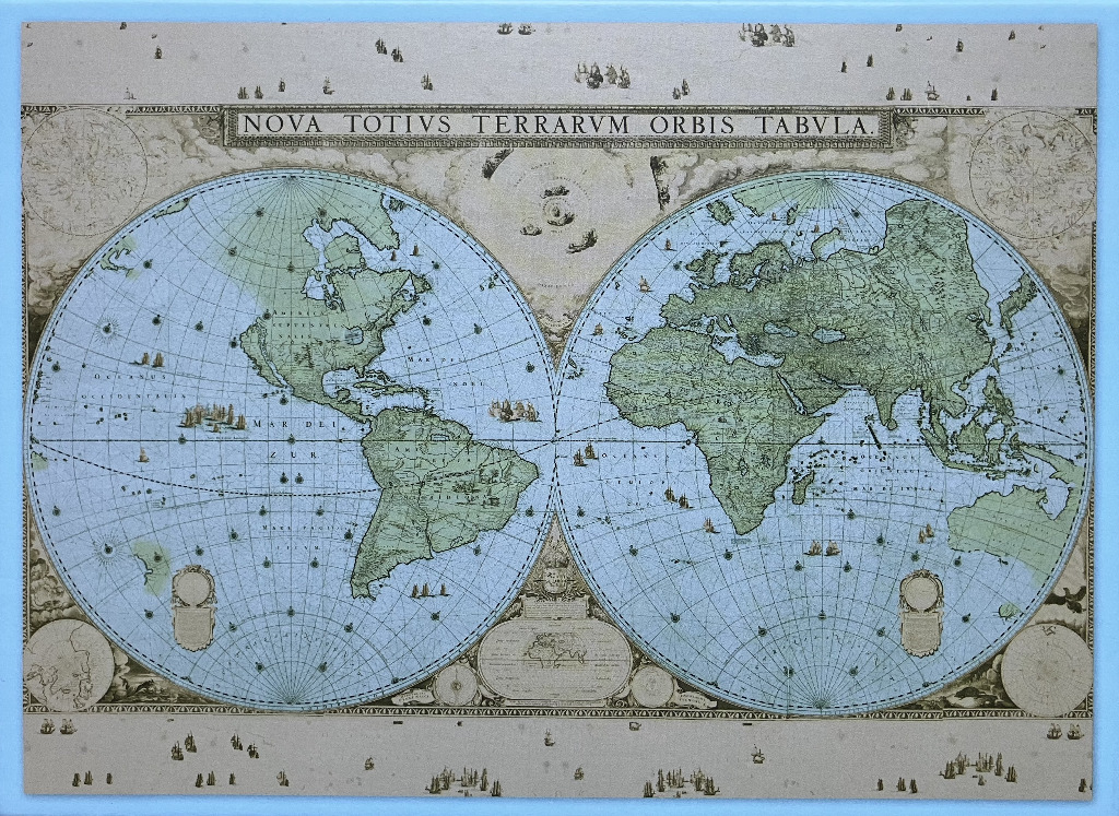 A vintage 17th-century style double-hemisphere world map featuring antique cartography and sailing ships.