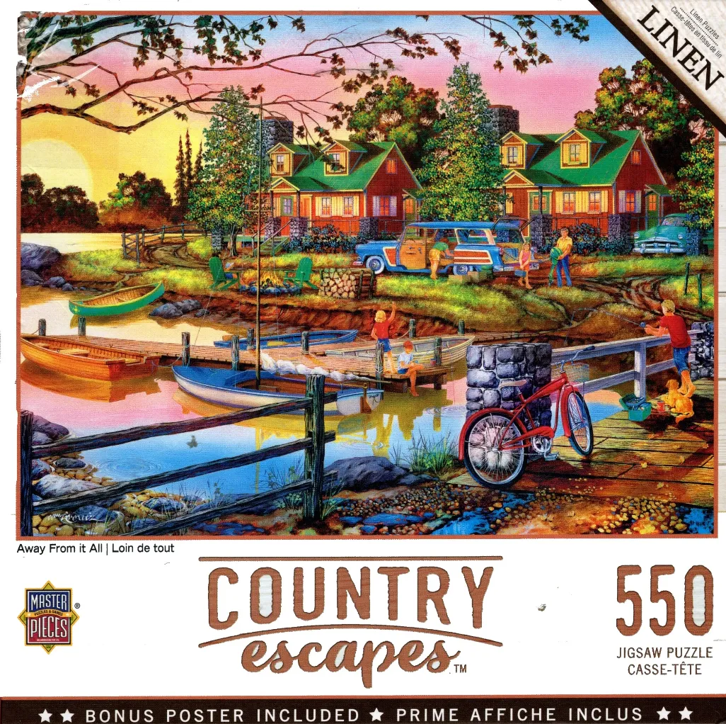 A peaceful lakeside scene at sunset with rustic cabins, boats, and a family preparing for an evening.