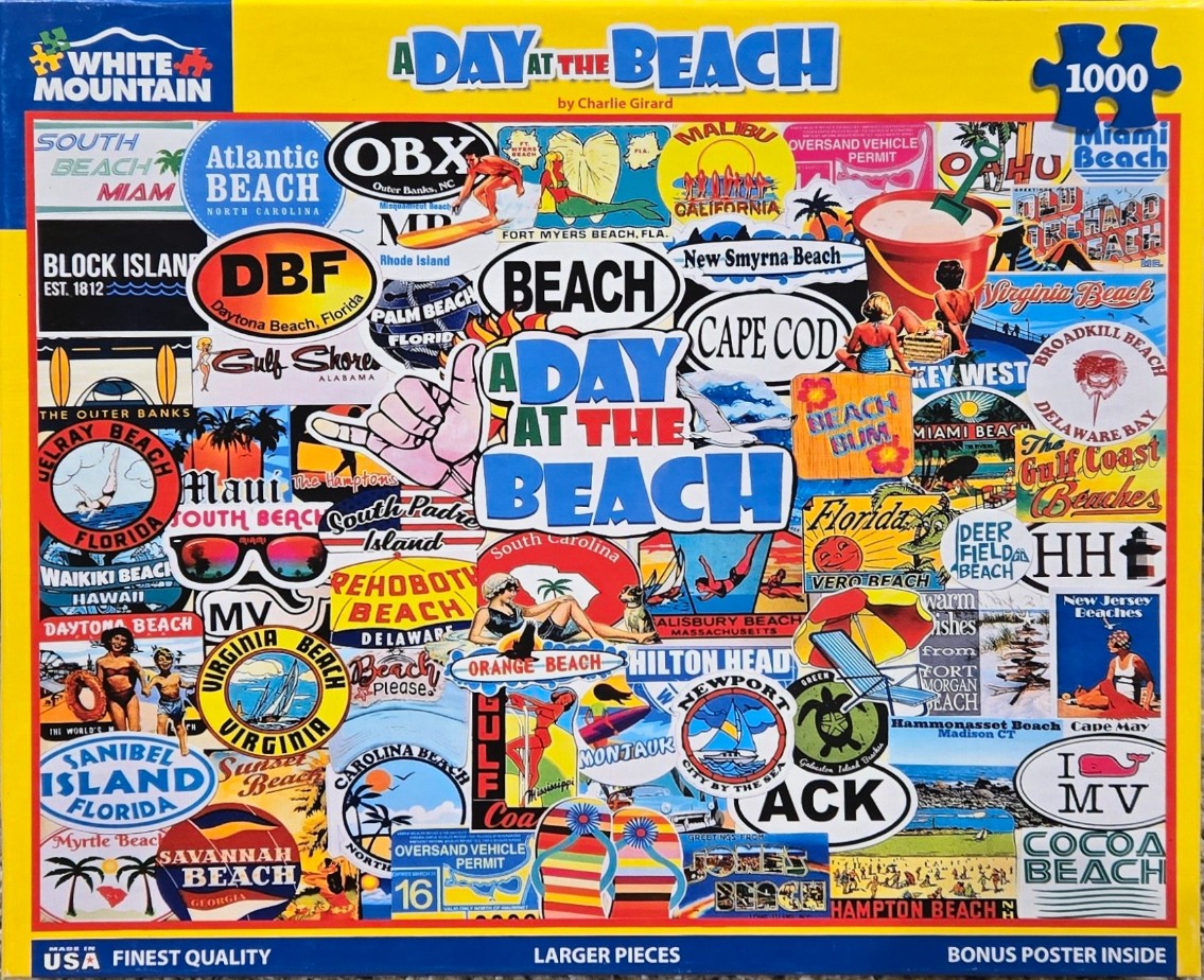 A collage of colourful vintage-style travel stickers and signs featuring various coastal towns and beaches.
