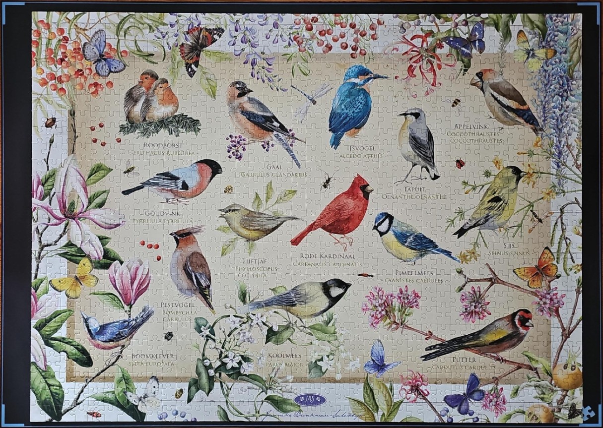 A botanical illustration featuring a collection of diverse songbirds, butterflies, and floral elements on a beige background.