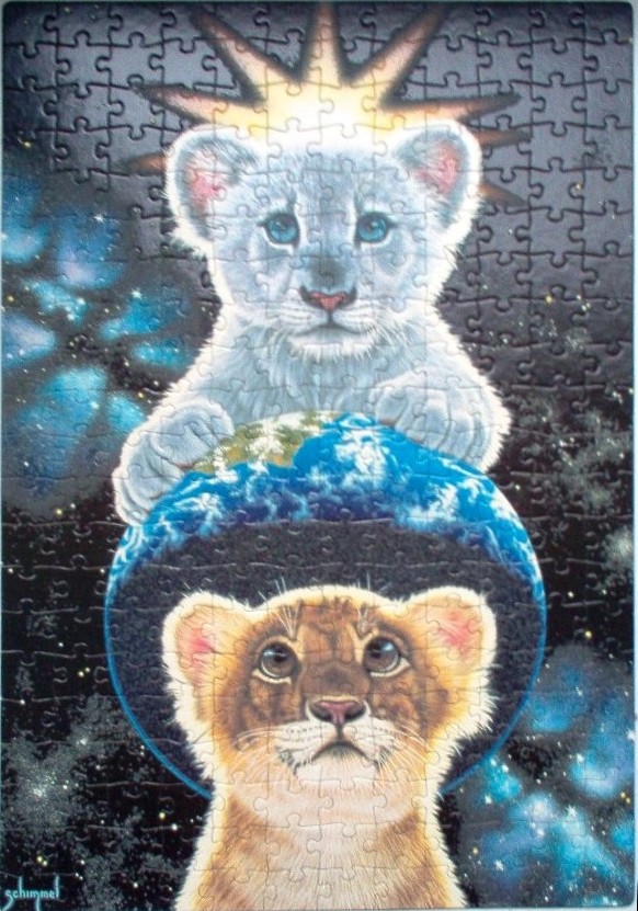 A white lion cub and a golden lion cub with a globe in a space-themed illustration.