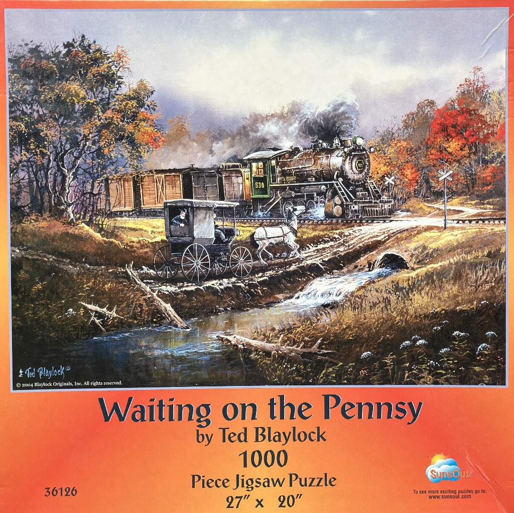 A vintage steam locomotive passing a horse-drawn carriage at a rural railroad crossing during autumn.