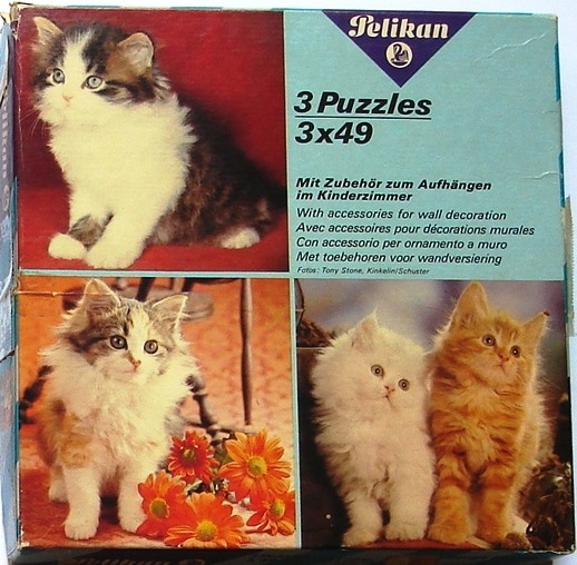 Three photographs of fluffy kittens arranged in a grid, including calico and orange tabbies.