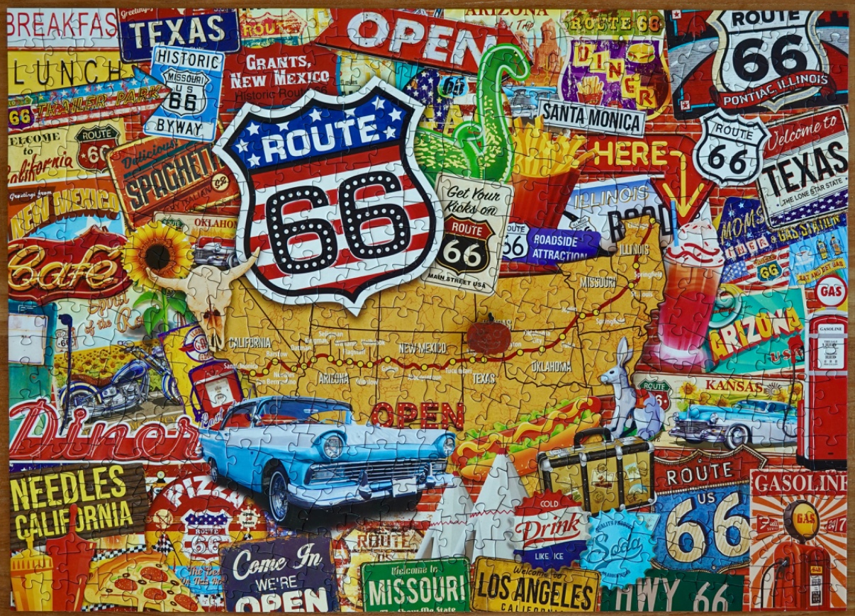 A collage of vintage Route 66 Americana, including maps, road signs, classic cars, and nostalgic diner imagery.