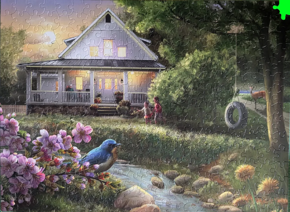 A peaceful countryside scene featuring a farmhouse, a playing family, and a bright blue bird in the foreground.