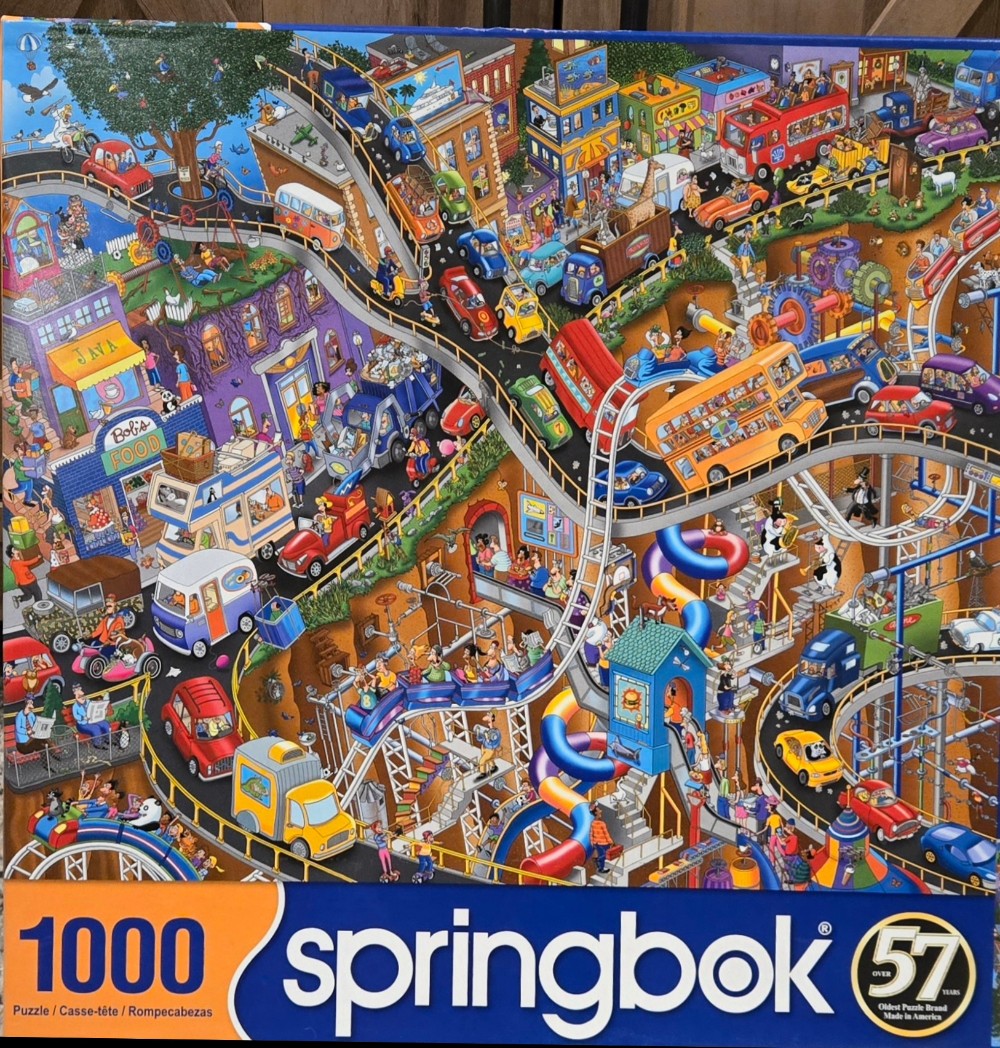 A chaotic, vibrant cartoon illustration showing a multi-layered city with winding roads, roller coasters, and buildings.